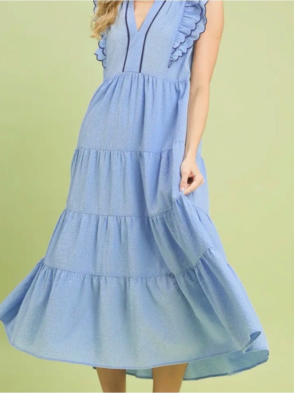 🩵Hello Gorgeous! Umgee Seersucker Ruffle Sleeve Tiered Midi Dress- Sky Blue - Picture 6 of 9
